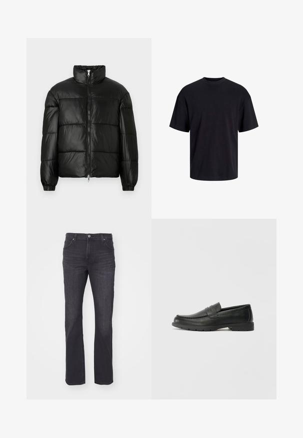 Črna pufasta jakna z visokim ovratnikom, z zadrgo spredaj, prešito zasnovo, elastičnimi manšetami in sijočim, gladkim zaključkom tkanine.; Črna bombažna majica s krojačkom izrezom, kratkimi rokavi in sproščenim krojem. Gladka tekstura in brez vidnih vzorcev ali poudarkov.; Temno modri kavbojki s ravnim krojem, ki vključujejo klasičen pet-pocket stil in enojno gumbasto zapiranje na pasu.; Črne usnjene loafer čevlje z gladko površino, zgornjim delom v slogu mokasin, šivanimi detajli in gumijastim podplatom. Klasična zasnova z nizko peto.