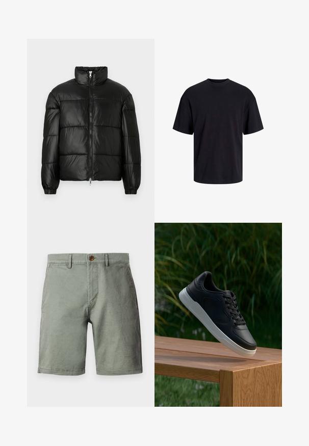 Black puffer jacket with a high collar, zip front closure, quilted design, elastic cuffs, and shiny, smooth fabric finish.; Black cotton t-shirt with a crew neckline, short sleeves, and a relaxed fit. Smooth texture and no visible patterns or accents.; Light green shorts made from cotton blend, featuring a front button closure, belt loops, and a flat-front design. Smooth texture, knee-length.; Black sneaker with white sole suspended above wooden bench, green foliage in the blurred background.