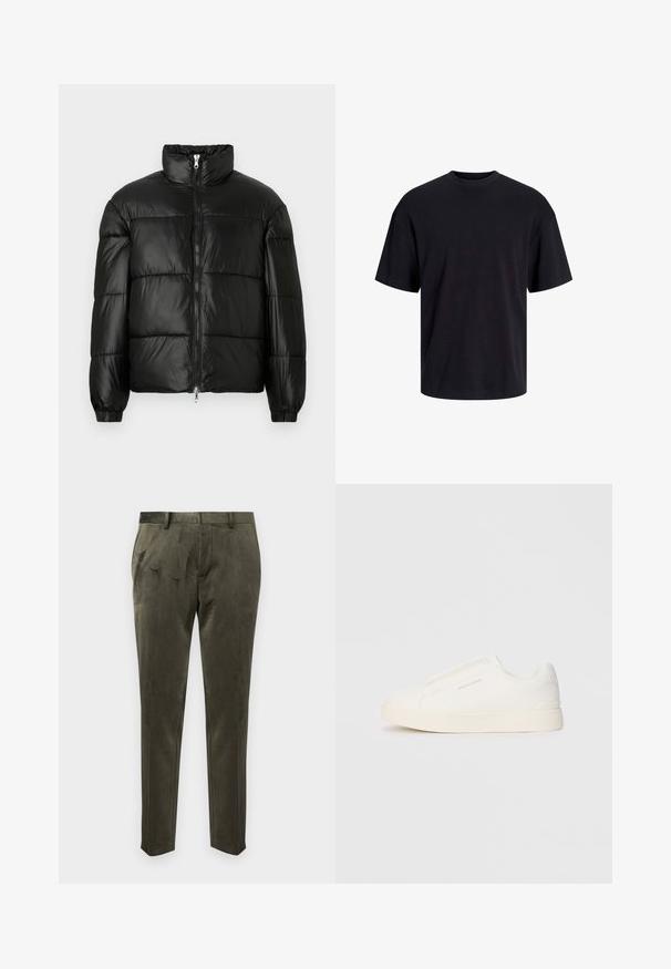Svart pufferjakke med høy krage, glidelås foran, quiltet design, elastiske mansjetter og blank, glatt stofffinish.; Svart bomull t-skjorte med rund hals, korte ermer og en avslappet passform. Glatt tekstur uten synlige mønstre eller detaljer.; Olivengrønne bukser lavet af blødt stof med en glat tekstur. Har en skræddersyet pasform og diskret folderdetalje foran.; Hvite slip-on joggesko med teksturert overflate, tykk såle og minimalistisk design. Har merkevarelogo på siden.