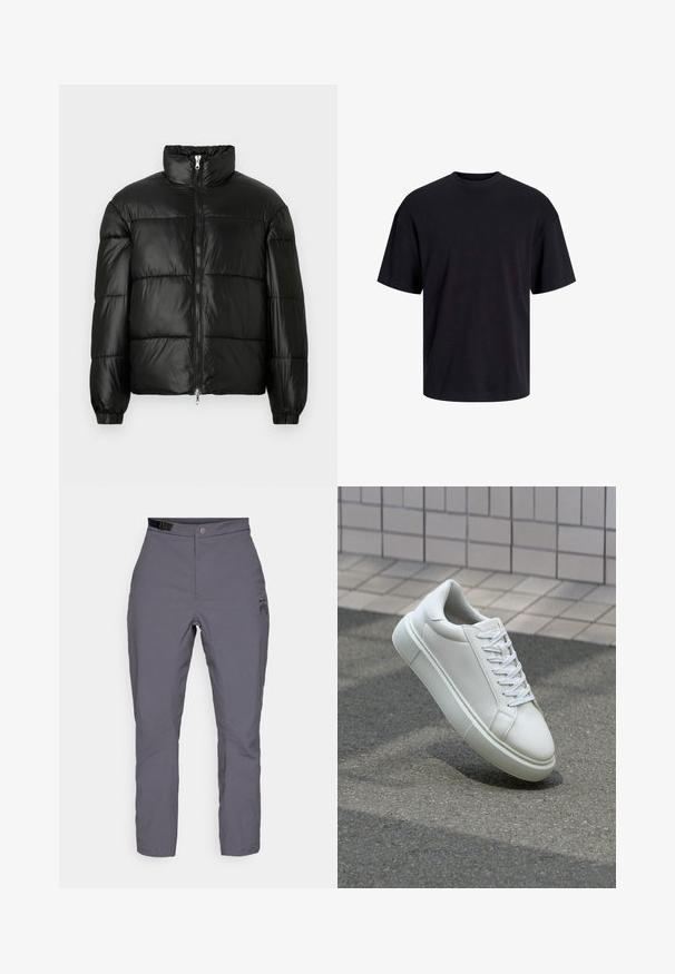 Svart pufferjakke med høy krage, glidelås foran, quiltet design, elastiske mansjetter og blank, glatt stofffinish.; Svart bomull t-skjorte med rund hals, korte ermer og en avslappet passform. Glatt tekstur uten synlige mønstre eller detaljer.; Grå bukser laget av lett, teksturert stoff. Har en knapplukking, beltehemper, og en subtil logo på låret. Rett benpassform.; Hvit lær sneaker med glatt overflate, rund tå og flate hvite snøringer. Har en teksturert gummisåle og minimale design elementer.