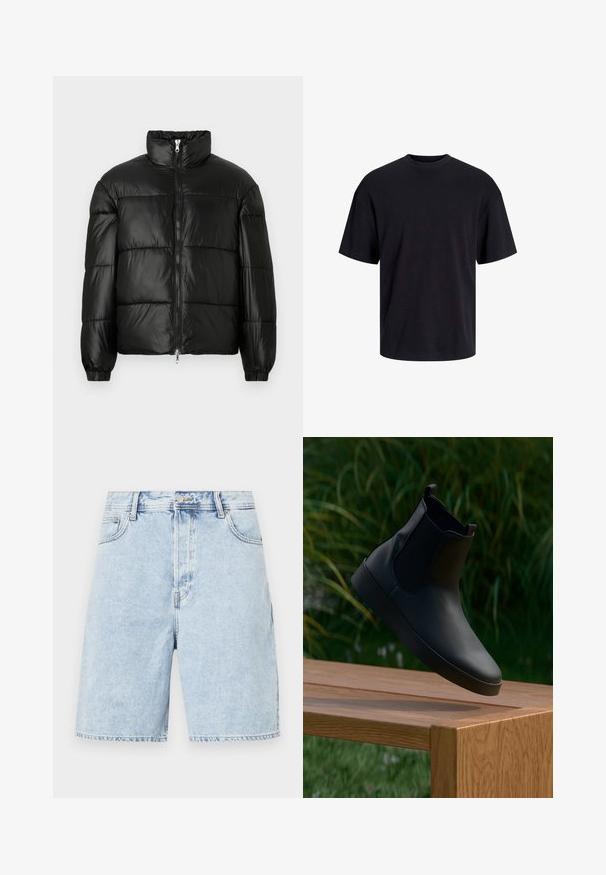 Černá péřová bunda s vysokým límcem, zapínáním na zip, prošívaným designem, elastickými manžetami a lesklým, hladkým povrchem.; Černé bavlněné tričko s kulatým výstřihem, krátkými rukávy a volným střihem. Hladká textura a žádné viditelné vzory ani akcenty.; Světlé modré denimové šortky s volným střihem, s zipem v přední části, pěti kapsami a kontrastním stehem podél švů.; Černá kožená kotníková bota s elastickými postranními panely, hladkým povrchem, zaoblenou špičkou a plochou podrážkou, umístěná nad dřevěným stolem na pozadí zeleně.
