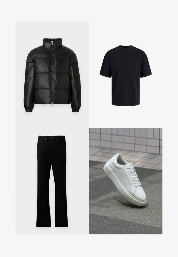 Melna pūkainā jaka ar augstu apkakli, rāvējslēdzēja priekšējo aizdari, quilted dizainu, elastīgām piedurknēm un spīdīgu, gludu auduma apdari.; Melns kokvilnas T-krekls ar apaļu kakla izgriezumu, īsām piedurknēm un brīvu piegriezumu. Gluda tekstūra un nav redzamu rakstu vai akcentu.; Melna džinsu bikses ar taisnu piegriezumu, piecām kabatām, metāla pogu aizdari un smalkiem izšuvumiem. Gluda tekstūra un konsekventa krāsa.; Baltas ādas sporta apavi ar gludu virsmu, apaļu pirkstu un plakanām baltām šņorēm. Iezīmējas ar strukturētu gumijas zoli un minimālisma dizaina elementiem.