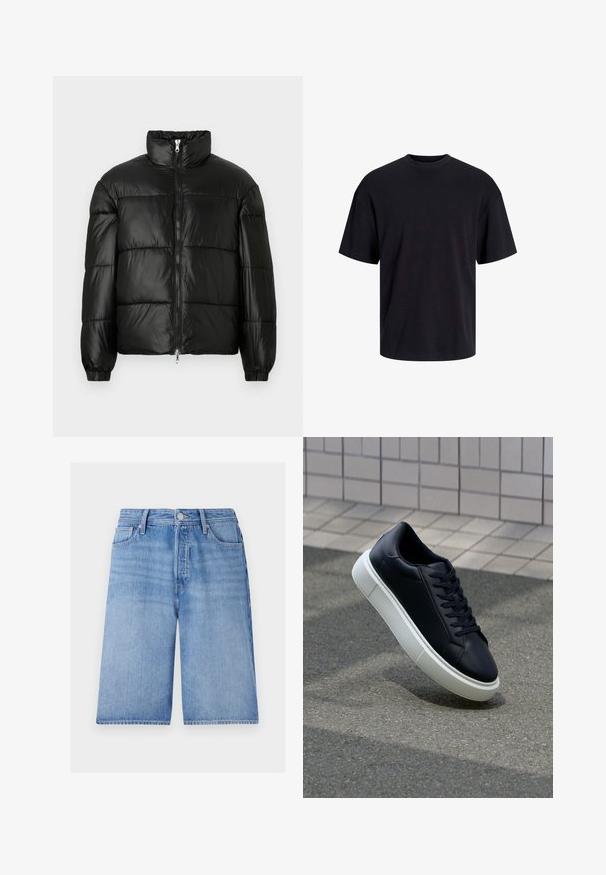 Mustat puffer-takki korkealla kauluksella, vetoketjukiinnitys edessä, tikattu malli, joustavat hihansuut ja kiiltävä, sileä kangasviimeistely.; Musta puuvillapaita, jossa on pyöreä kaula-aukko, lyhyet hihat ja rento muotoilu. Yksinkertainen ja sileä pinta, ilman näkyviä kuvioita tai koristeita.; Vaaleansiniset farkkushortsit, joissa on rento istuvuus. Ominaisuuksiin kuuluvat vetoketjukiinnitys, napin sulkeminen, viisi taskua ja hienovaraisesti haalistunut pinta.; Mustat nahkakengät, joissa on pyöristetty kärki ja valkoinen kumipohja. Varusteena litteät nauhat ja minimaalinen ommel ylhäällä. Teksturoitu pohja pitävyyden lisäämiseksi.