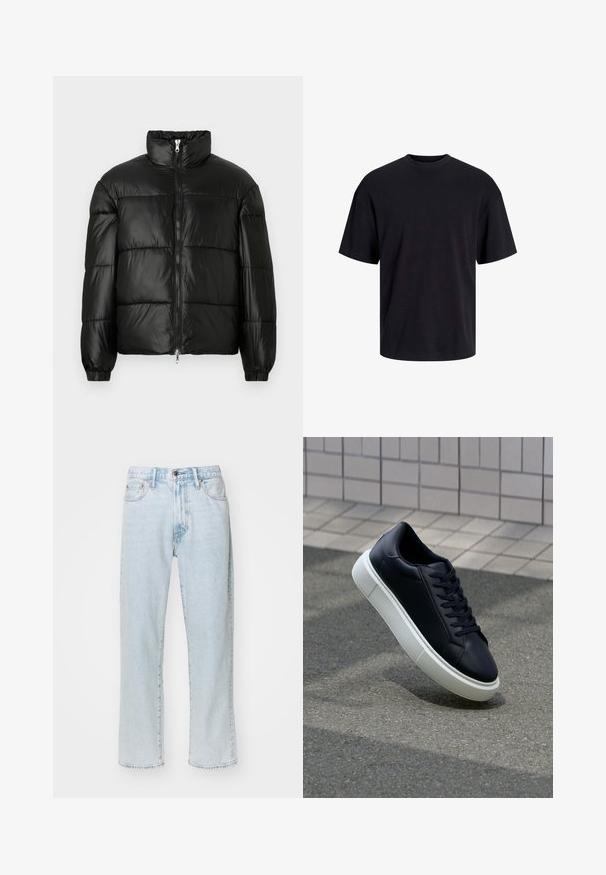 Chaqueta de pluma negra con un cuello alto, cierre frontal con cremallera, diseño acolchado, puños elásticos y acabado de tela brillante y suave.; Camiseta de algodón negra con cuello redondo, mangas cortas y un ajuste relajado. Textura suave y sin patrones ni acentos visibles.; Jeans rectos de mezclilla en un tono azul claro, que cuentan con cinco bolsillos, un cierre de cremallera con botón y un ligero desgaste en la tela.; Zapatilla de cuero negro con punta redonda y suela de goma blanca. Presenta cordones planos y un mínimo de costuras en la parte superior. Suela texturizada para proporcionar agarre.