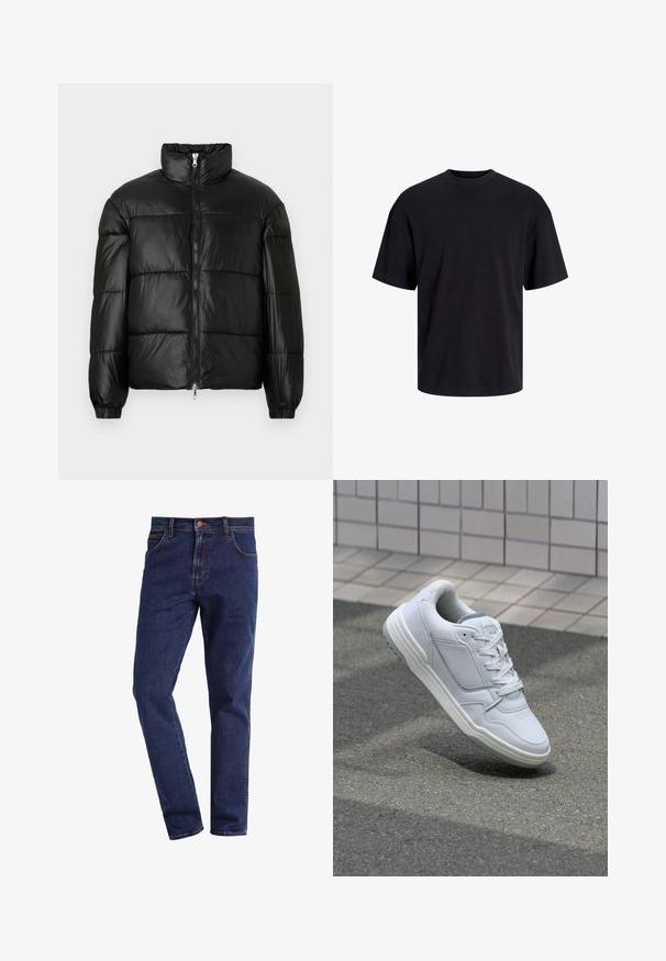 Giacca a vento nera con colletto alto, chiusura frontale con zip, design trapuntato, polsini elasticizzati e finitura in tessuto lucido e liscio.; T-shirt in cotone nero con collo rotondo, maniche corte e vestibilità morbida. Texture liscia senza pattern o dettagli visibili.; Jeans in denim blu scuro a gamba dritta con tasche anteriori, chiusura con bottone, passanti per cintura e cuciture visibili.; Sneaker bianca in pelle con lati perforati, accenti testurizzati, lacci piatti e tallone grigio a contrasto. Presenta una suola leggermente elevata.