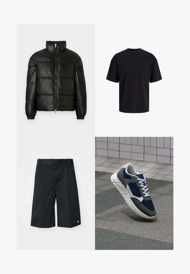 Juodas pūkinis švarkas su aukštu apykakle, užtrauktuko priekyje, siuvinėtu dizainu, elastingais rankogaliais ir blizgia, lygiąja audinio apdaila.; Juodas medvilninis marškinėlis su apvaliu iškirpimu, trumpomis rankovėmis ir laisvu siluetu. Glotni tekstūra, be matomų raštų ar akcentų.; Juodi šortai su pritaikytu dizainu, su plokščiomis priekinėmis raukšlėmis, standartiniu juosmeniu ir šoninėmis kišenėmis. Pagaminti iš tvirto audinio.; Sportiniai bateliai su tamsiai mėlynu tinkliniu viršumi, pilkais zomšiniais akcentais, balta guma padanga ir plokščiomis baltomis raištelėmis, sukurti komfortui ir oro pralaidumui.