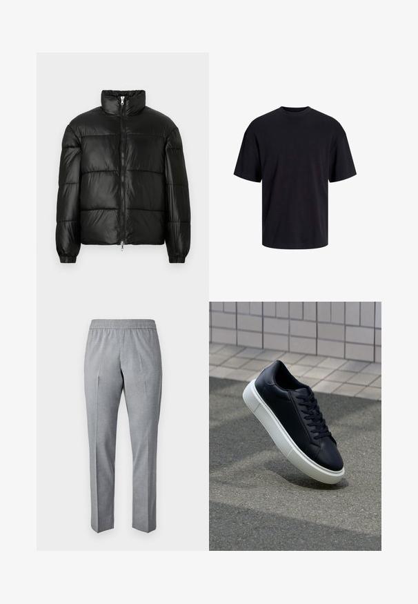 Svart pufferjakke med høy krage, glidelås foran, quiltet design, elastiske mansjetter og blank, glatt stofffinish.; Svart bomull t-skjorte med rund hals, korte ermer og en avslappet passform. Glatt tekstur uten synlige mønstre eller detaljer.; Grå, vevde bukser med elastisk midje, rett kutt, og press på forsiden. Stoffets tekstur ser glatt og lett ut.; Sorte skinnsneakers med rund tå og hvit gummisåle. Har flate lisser og minimal søm på overdelen. Strukturert såle for grep.