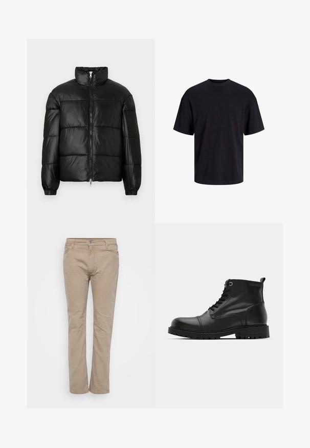 Crna puffer jakna s visokim ovratnikom, zatvaranjem na zip, quilted dizajnom, elastičnim manžetama i sjajnim, glatkim materijalom.; Crna pamučna majica s okruglim izrezom, kratkim rukavima i opuštenim krojem. Glatka tekstura bez vidljivih uzoraka ili dekoracija.; Bajte pamučne hlače ravnog kroja, s patentnim zatvaračem, petljama za remen i suptilnim detaljima prošivanja. Glatka tekstura kroz cijele hlače.; Crne kožne gležnjače s okruglim nosom, s čipkastim dizajnom, kontrastnim sivozelenim rupicama za vezivanje i robusnom gumom potplatom. Glatka tekstura s minimalnim naglasima.