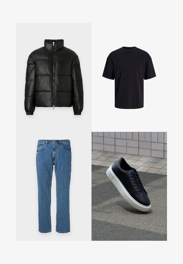 Svart pufferjakke med høy krage, glidelås foran, quiltet design, elastiske mansjetter og blank, glatt stofffinish.; Svart bomull t-skjorte med rund hals, korte ermer og en avslappet passform. Glatt tekstur uten synlige mønstre eller detaljer.; Blå denimjeans med rett ben, fem lommer, og klassisk midje med knapp og glidelås.; Sorte skinnsneakers med rund tå og hvit gummisåle. Har flate lisser og minimal søm på overdelen. Strukturert såle for grep.