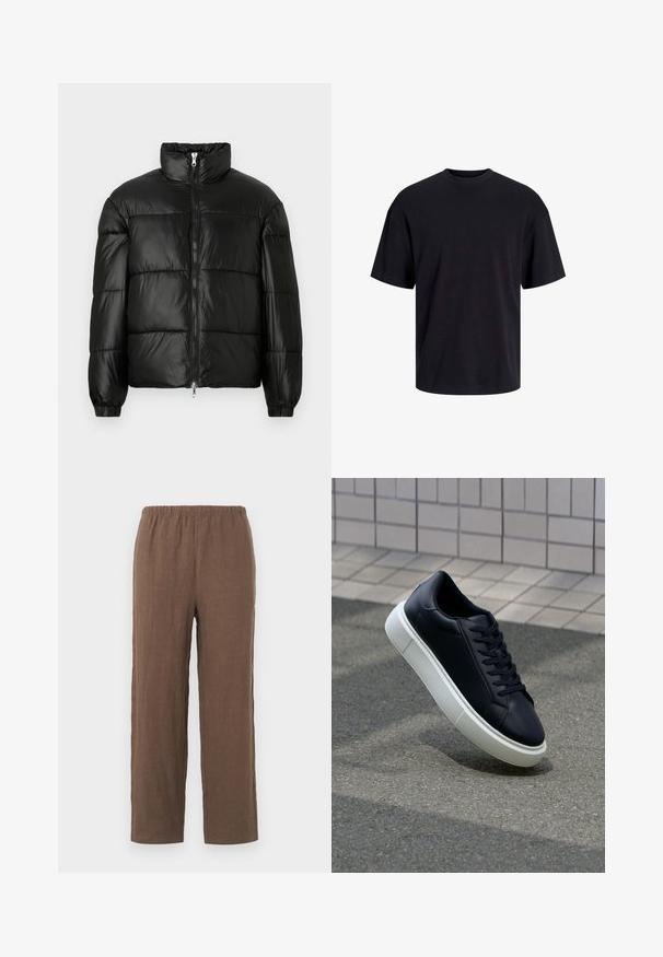 Juodas pūkinis švarkas su aukštu apykakle, užtrauktuko priekyje, siuvinėtu dizainu, elastingais rankogaliais ir blizgia, lygiąja audinio apdaila.; Juodas medvilninis marškinėlis su apvaliu iškirpimu, trumpomis rankovėmis ir laisvu siluetu. Glotni tekstūra, be matomų raštų ar akcentų.; Rudos lininės kelnės su laisvu kirpimu, turinčios tamprų elastingą juosmenį ir tiesias kojeles, glotnaus paviršiaus bei minimaliai puoštos.; Juodas odinis sportbačius su apvaliu pirštu ir baltu gumuotu padu. Turi plokščias raišteles ir minimalų siuvimą viršuje. Padangos tekstūra užtikrina sukibimą.