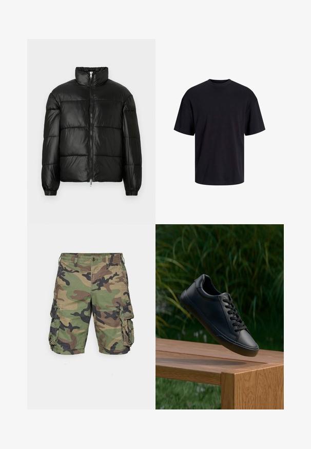 Must mustaga jakker, millel on kõrge krae, luku esikinnitus, tikanditud disain, elastsed mansetid ja läikiv, sile kangast viimistlus.; Must must on mustre, lühikeste varrukatega ja vabalt langev. Sile tekstuur ja ilma nähtavate mustrite või aktsentideta.; Roheline, pruun ja must kamuflaažiga lühikesed püksid. Valmistatud kergest kangast, küljetaskud ja nööbiga sulgur, omades mugavat lõiget.; Must have musta sneakers sile nahka, sujuva tekstuuriga, ümmargune varvas ja lamedad paelad, asetatud puidust pinnale koos rohelise rohuga taustal.
