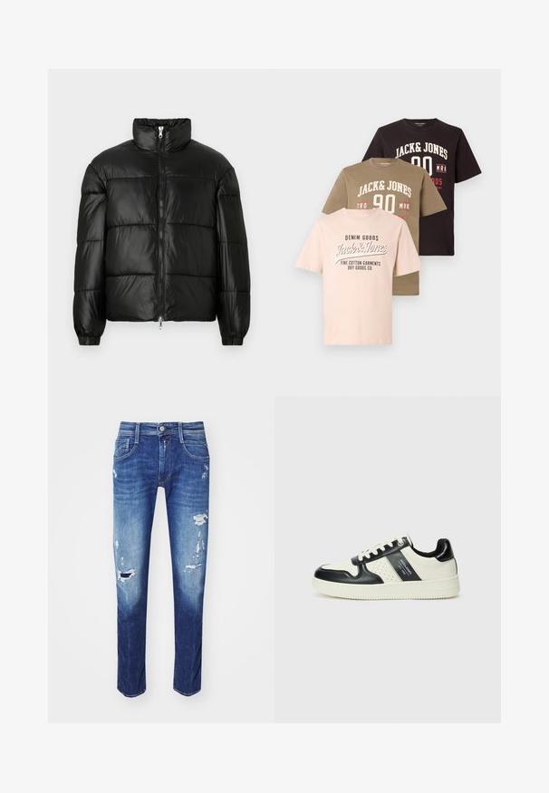 Μαύρο μπουφάν με φουσκωτό σχέδιο, ψηλό γιακά, κλείσιμο με φερμουάρ μπροστά, ραφές τύπου καπιτονέ, ελαστικές μανσέτες και γυαλιστερή, λεία υφή.; Τρία μπλουζάκια στοιβαγμένα: ανοιχτό ροζ με μαύρο κείμενο, ελιά με λευκά και κόκκινα γραφικά, σκούρο καφέ με λευκό κείμενο. Υλικό από βαμβάκι.; Σκούρα μπλε τζιν παντελόνια με σκισίματα, σχέδιο πέντε τσεπών και ελαφριά φθορά. Κόψιμο κατ' ευθείαν με καθαρό στρίφωμα.; Δερμάτινα sneakers με μαύρο και κρεμ χρωματικό σχέδιο, με διάτρητες λεπτομέρειες, επενδεδυμένο κολάρο και υφή στη σόλα.