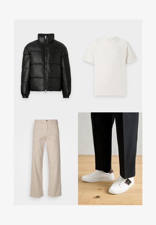Czarna kurtka puchowa z wysokim kołnierzem, zapięciem na zamek błyskawiczny z przodu, pikowanym wzorem, elastycznymi mankietami oraz błyszczącym, gładkim wykończeniem materiału.; Biała krótka koszulka z krótkim rękawem o żebrowanej fakturze. Okrągły dekolt, luźny krój, brak widocznych wzorów lub akcentów. Prosty i uniwersalny design.; Beżowe bawełniane spodnie typu wide-leg z pięcioma kieszeniami, zapięciem na guzik i pętelkami na pasek; gładka tekstura, prosty krój i wykończenie.; Białe trampki o gładkiej fakturze, z brązowymi skórzanymi akcentami i czarnymi detalami, zestawione z czarnymi eleganckimi spodniami. Tło stanowi drewniana podłoga.