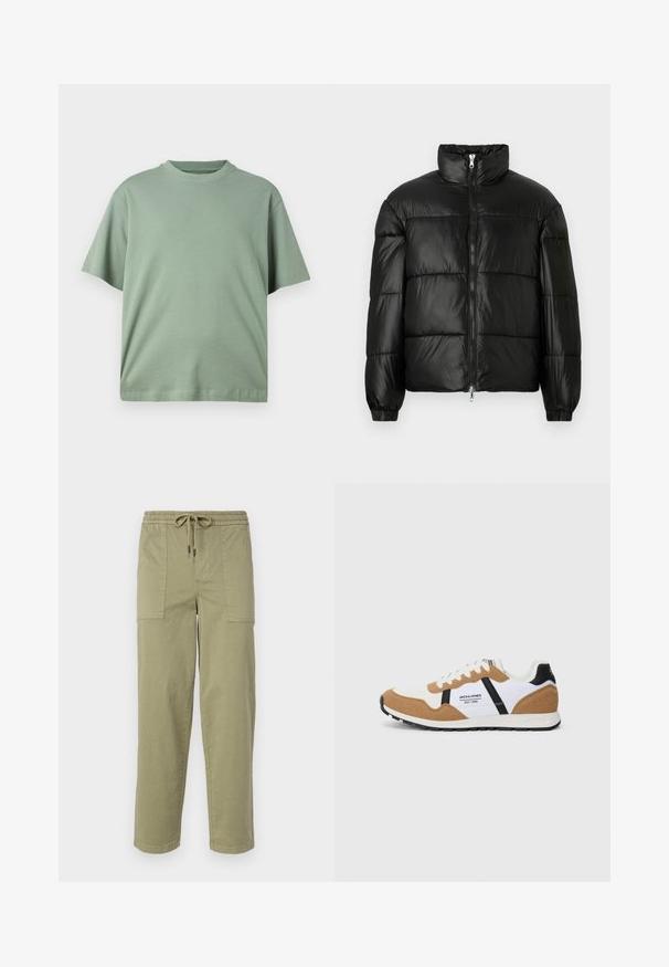 Casaco puffer preto com gola alta, fecho frontal em zíper, design acolchoado, punhos elásticos e acabamento de tecido brilhante e suave.; T-shirt de mangas curtas verde claro com decote redondo, feita de um tecido suave. O design apresenta um corte relaxado e sem padrões visíveis.; Calças verde-oliva claras feitas de um tecido de algodão misto, com um cós elástico com cordão e dois bolsos laterais grandes.; Sapatilha de estilo retro com parte superior em suede branco e bege, detalhes em preto, atacadores brancos e logo "Jack & Jones EST. 1990" na lateral.