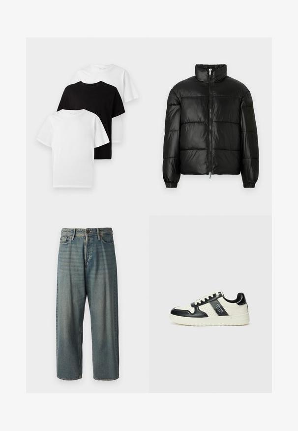 Black puffer jacket with a high collar, zip front closure, quilted design, elastic cuffs, and shiny, smooth fabric finish.; Three crew neck t-shirts: one black and two white. Short sleeves, classic fit, made from cotton with a smooth texture.; Light blue denim jeans with a loose fit, mid-rise waist, and straight legs. Features five pockets, belt loops, and a button closure.; Leather sneakers with a black and cream color scheme, featuring perforated accents, a padded collar, and a textured outsole.