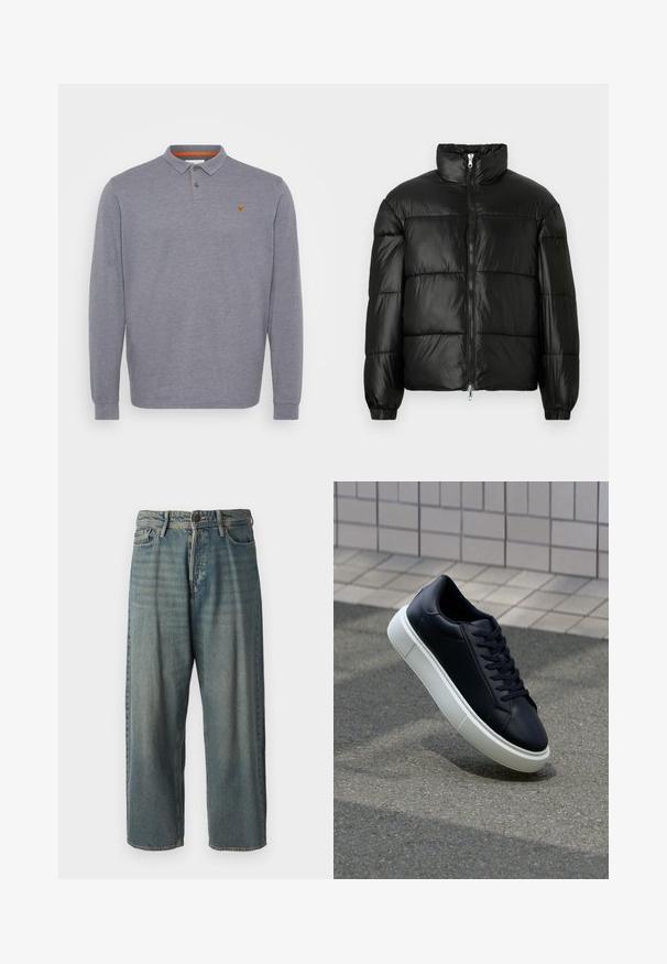 Svart pufferjakke med høy krage, glidelås foran, quiltet design, elastiske mansjetter og blank, glatt stofffinish.; Pier One Topper langermet - dark grey; Lyseblå denimjeans med løs passform, midjehøyde og rette ben. Har fem lommer, beltehemper og knappelukking.; Sorte skinnsneakers med rund tå og hvit gummisåle. Har flate lisser og minimal søm på overdelen. Strukturert såle for grep.