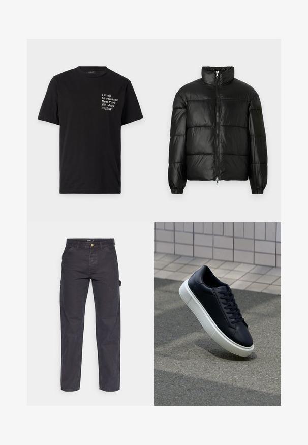 Sort puffet jakke med høj krave, lynlås foran, quiltet design, elastiske manchetter og skinnende, glat stoffinish.; Sort bomulds T-shirt med hvid tekst: "Jeg skal frigives New York, NY - Juli Replay," rund halsudskæring, korte ærmer.; Mørkegrå cargo-bukser lavet af slidstærkt stof, med lige ben, fem lommer og en knaplukning i taljen.; Sort lædersneaker med rund tå og hvid gummisål. Har flade snørebånd og minimal syning på overdelen. Tekstureret sål for bedre greb.