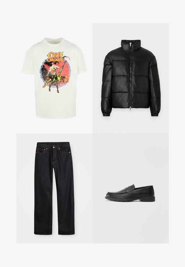 Svart pufferjakke med høy krage, glidelås foran, quiltet design, elastiske mansjetter og blank, glatt stofffinish.; Hvit bomulls t-skjorte med et fargerikt grafisk trykk av en kvinne og en skapning, med teksten "Ozzy Osbourne" i fete, stilig bokstaver.; Men's straight-leg svarte denim jeans med fem lommer og oransje søm, knapp og glidelås lukking foran på midjen.; Svart skinnloafers med glatt finish, mokkasin-stil overdel, broderte detaljer og gummisåle. Klassisk design med lav hæl.