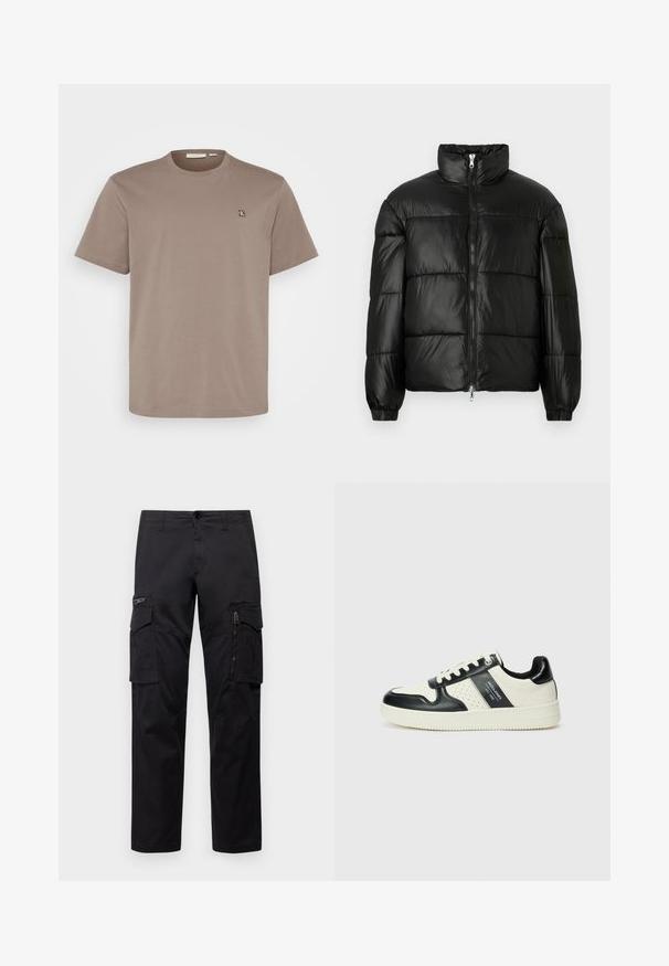 Czarna kurtka puchowa z wysokim kołnierzem, zapięciem na zamek błyskawiczny z przodu, pikowanym wzorem, elastycznymi mankietami oraz błyszczącym, gładkim wykończeniem materiału.; Calvin Klein Jeans Plus - T-shirt basic; Czarne spodnie cargo z wieloma kieszeniami, zamykaną kieszenią na udzie, prostym krojem oraz wytrzymałym bawełnianym materiałem z delikatnym połyskiem.; Skórzane sneakersy w czarno-kremowym schemacie kolorystycznym, z perforowanymi akcentami, wyściełanym kołnierzem i teksturowaną podeszwą.