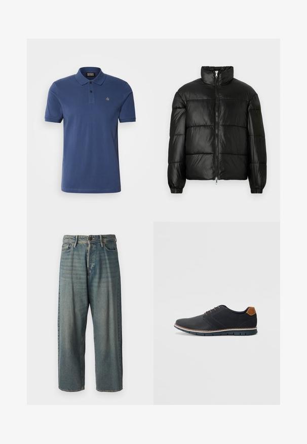Svart pufferjakke med høy krage, glidelås foran, quiltet design, elastiske mansjetter og blank, glatt stofffinish.; Mørkeblå polo skjorte laget av bomull, med korte ermer, en tre knappers knappestolpe, og en liten brodert logo på brystet.; Lyseblå denimjeans med løs passform, midjehøyde og rette ben. Har fem lommer, beltehemper og knappelukking.; Sorte syntetiske sko med en teksturert overdel, glatte detaljer, brun hæl og en kontrastfarge på sålen. Har minimalt snøring og sømdetaljer.