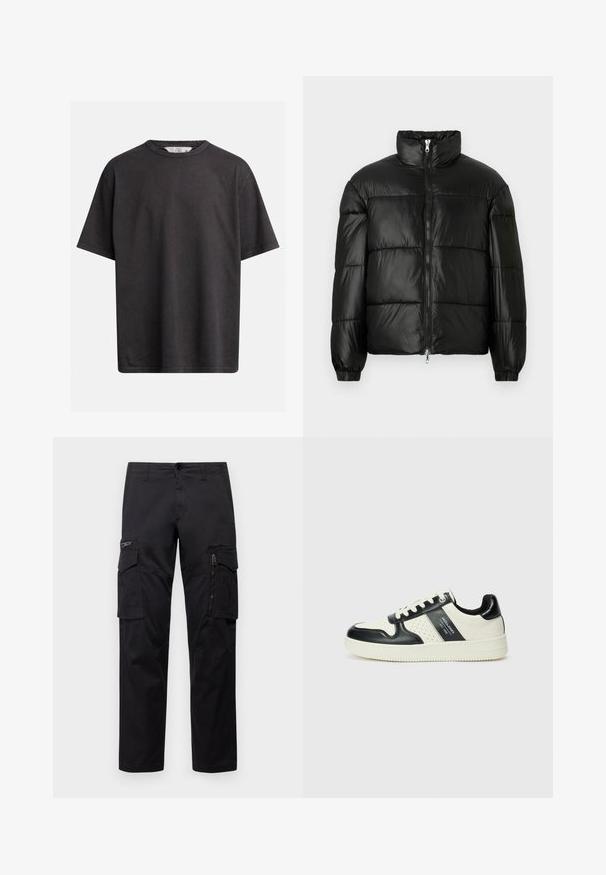 Crna puffer jakna s visokim ovratnikom, zatvaranjem na zip, quilted dizajnom, elastičnim manžetama i sjajnim, glatkim materijalom.; Tamno siva pamučna majica s okruglim izrezom, kratkim rukavima i opuštenim krojem. Sadrži suptilne detalje šivanja.; Crne cargo hlače s više džepova, zatvorenim džepom na bedru, ravnog kroja i čvrstog pamuka s blagim sjajem.; Kožne tenisice s crno-bijelom paletom boja, koje imaju perforirane akcentne detalje, podstavljeni ovratnik i teksturiranu potplat.