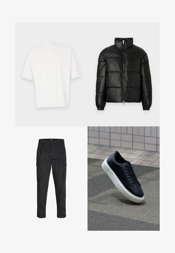 Juodas pūkinis švarkas su aukštu apykakle, užtrauktuko priekyje, siuvinėtu dizainu, elastingais rankogaliais ir blizgia, lygiąja audinio apdaila.; Balta trumpa rankovėmis marškinėliai, pagaminti iš minkštos medžiagos. Aplink kaklą, laisvas kirpimas ir paprastas dizainas be puošmenų ar raštų.; Juodi krovinių tipo džinsai, pagaminti iš tvirto audinio, su keliais kišeniais, mygtuko uždarymu ir siauru, prigludusiu dizainu su siaurėjančiomis kojomis.; Juodas odinis sportbačius su apvaliu pirštu ir baltu gumuotu padu. Turi plokščias raišteles ir minimalų siuvimą viršuje. Padangos tekstūra užtikrina sukibimą.