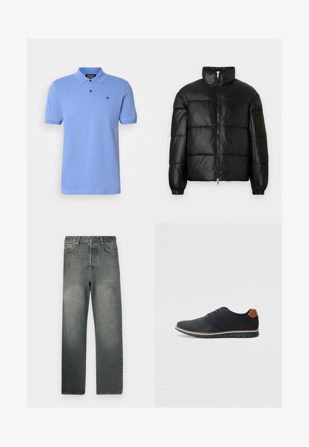 Černá péřová bunda s vysokým límcem, zapínáním na zip, prošívaným designem, elastickými manžetami a lesklým, hladkým povrchem.; Světle modré polo tričko vyrobené z bavlny, s knoflíkovou légou, krátkými rukávy, žebrovaným límcem a malým vyšitým logem na hrudi.; Jack & Jones JJIALEX JJCOOPER - Baggy džíny - black denim; Černé syntetické boty s texturovaným svrškem, hladkými detaily, hnědým podpatkem a kontrastní podrážkou. Obsahují minimální šněrování a švy.
