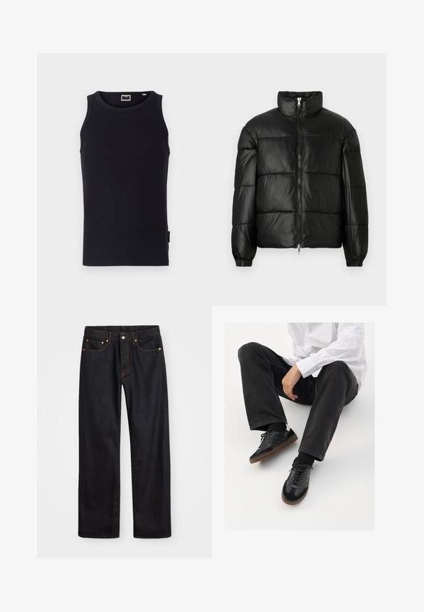 Giacca a vento nera con colletto alto, chiusura frontale con zip, design trapuntato, polsini elasticizzati e finitura in tessuto lucido e liscio.; Top in cotone senza maniche di colore nero, con una texture a coste, scollo rotondo e una piccola etichetta laterale. Design semplice e aderente.; Jeans neri in denim dritto da uomo con cinque tasche e cuciture arancioni, chiusura con bottone e zip sulla vita anteriore.; Sneaker nere con una tomaia liscia e testurizzata, con suola in gomma e lacci scuri. Abbinati a jeans neri e una camicia bianca a righe.