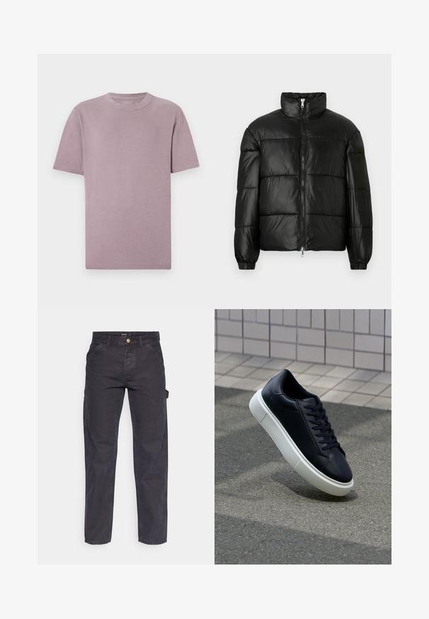 Must mustaga jakker, millel on kõrge krae, luku esikinnitus, tikanditud disain, elastsed mansetid ja läikiv, sile kangast viimistlus.; Lühikeste varrukatega t-särk heleses lilas, valmistatud pehmest puuvillast. Klassikaline ümar kaelus, puhtad õmblused ja ilma nähtavate logode või mustriteta.; Tumehallid cargo-püksid, mis on valmistatud vastupidavast kangast, sirge lõikega, viie tasku ja nupuga kinnitusega vööl.; Mustast nahast tennisetoss, millel on ümar nina ja valge kummist tall. Omab siredaid paelu ja minimaalset õmblemist ülemises osas. Tekstuuriga tald, mis tagab haakuvuse.