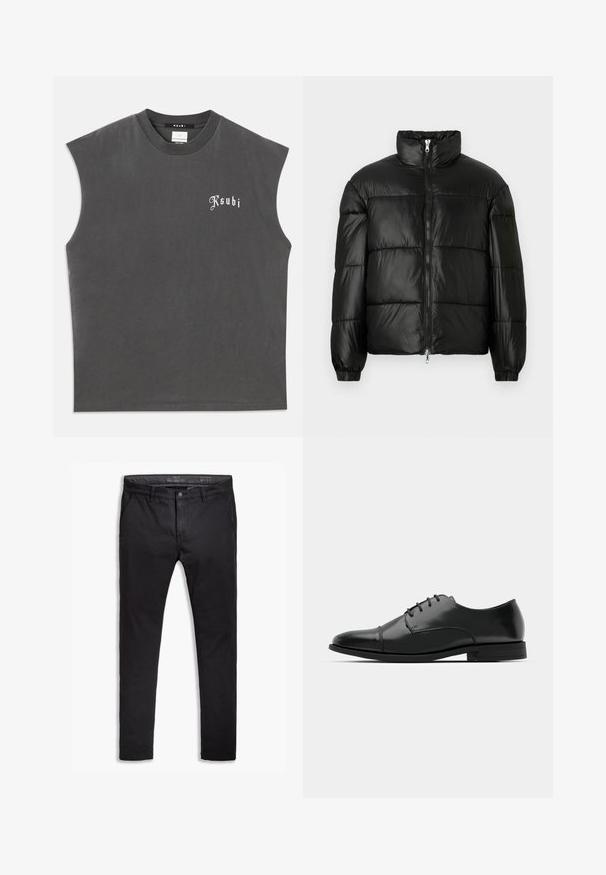 Black puffer jacket with a high collar, zip front closure, quilted design, elastic cuffs, and shiny, smooth fabric finish.; Gray sleeveless t-shirt with a crew neck, featuring a white "Ksubi" logo at the front. Made of soft cotton with a relaxed fit.; Black cotton chinos with a tapered fit, featuring five pockets, belt loops, and a smooth texture. Zip fly with a button closure.; Black leather dress shoe with a rounded toe, lace-up design, subtle stitching details, and a low heel. Smooth texture with polished finish.