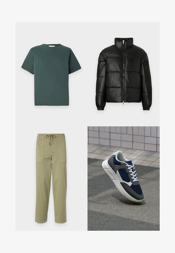 Fekete puffernadrág magas gallérral, cipzáras elülső záródással, steppelt kialakítással, elasztikus mandzsettákkal és fényes, sima szövetfelülettel.; Sötétzöld pamut póló, kerek nyakkivágással, rövid ujjakkal és laza szabással; sima textúrával és látható minták vagy kiegészítők nélkül.; Világos olíva zöld színű, pamut keverékből készült nadrág, rugalmas derékrésszel és zsinórral, valamint két nagy oldalzsebbel.; Cipő, amelynek sötétkék hálós felsőrésze, szürke velúr díszítései, fehér gumitalpa és lapos fehér fűzője van, a kényelem és a légáteresztő képesség érdekében tervezve.