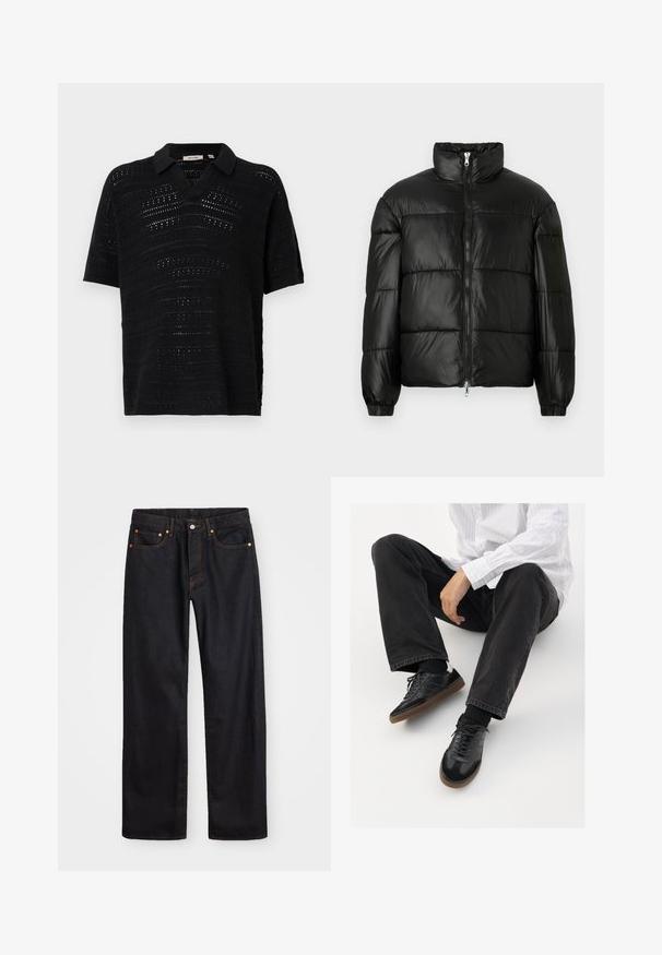Sort puffet jakke med høj krave, lynlås foran, quiltet design, elastiske manchetter og skinnende, glat stoffinish.; Sort kortærmet polo shirt med et tekstureret, åbent strikdesign. Har en V-hals og et blødt, vævet stof. Minimalistisk og åndbart design.; Mænds lige ben sorte denim jeans med fem lommer og orange syninger, knap- og lynlåslukning foran på taljen.; Sorte sneakers med en glat og tekstureret overdel, der har en gummisål og mørke snørebånd. Bæret sammen med sorte jeans og en hvid stribet skjorte.