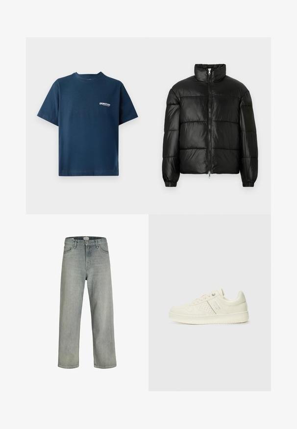 Μαύρο μπουφάν με φουσκωτό σχέδιο, ψηλό γιακά, κλείσιμο με φερμουάρ μπροστά, ραφές τύπου καπιτονέ, ελαστικές μανσέτες και γυαλιστερή, λεία υφή.; Σακίδιο βαμβακερό ναυτικού μπλε χρώματος με κοντά μανίκια και στρογγυλή λαιμόκοψη. Διαθέτει ένα μικρό λευκό λογότυπο στην αριστερή περιοχή του στήθους. Μαλακή υφή.; Ανοιχτό γκρι, χαλαρά εφαρμοστά τζιν φτιαγμένα από denim. Διαθέτουν κλασικό σχέδιο πέντε τσεπών, θηλιές ζώνης και ίσια γραμμή.; Αθλητικό παπούτσι σε κρέμα χρώμα με διάτρητη λεπτομέρεια, κορδόνια και λογότυπο στο πλάι, τοποθετημένο σε λευκό φόντο.