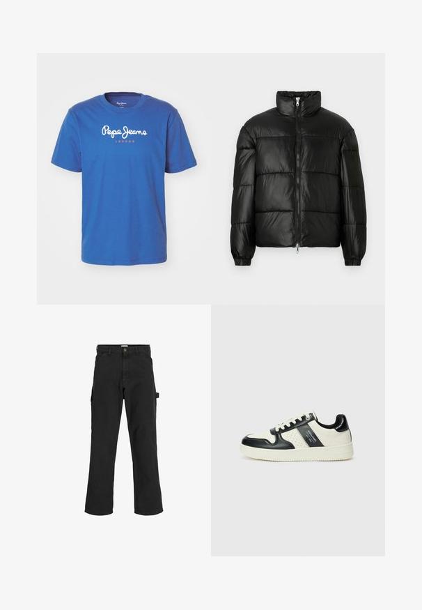 Zwarte pufferjack met een hoge kraag, ritsvoorzijde, gestikt ontwerp, elastische manchetten en een glanzende, gladde stofafwerking.; Pepe Jeans EGGO - T-shirt print - steel blue; Zwarte cargobroek van een katoenmix. Heeft wijde pijpen, schuin voorzakken en een zijzak met een lus voor accessoires.; Leren sneakers met een zwart en crèmekleurig kleurenschema, voorzien van geperforeerde accenten, een gevoerde kraag en een gestructureerde buitenzool.