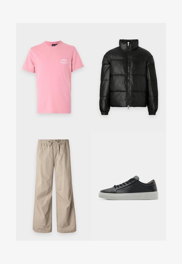 Černá péřová bunda s vysokým límcem, zapínáním na zip, prošívaným designem, elastickými manžetami a lesklým, hladkým povrchem.; Růžové bavlněné tričko s krátkými rukávy, kulatým výstřihem a bílým potiskem loga na hrudi. Hladká textilie a standardní střih.; Béžové kalhoty širokého střihu s elastickým pasem a stahovací šňůrkou. Hladký materiál, dvě boční kapsy a minimální švy pro uvolněný fit.; Černé kožené tenisky s hladkým povrchem, kulatou špičkou a černými šňůrkami. Disponují silnou bílou gumovou podrážkou s jemnými geometrickými akcenty.