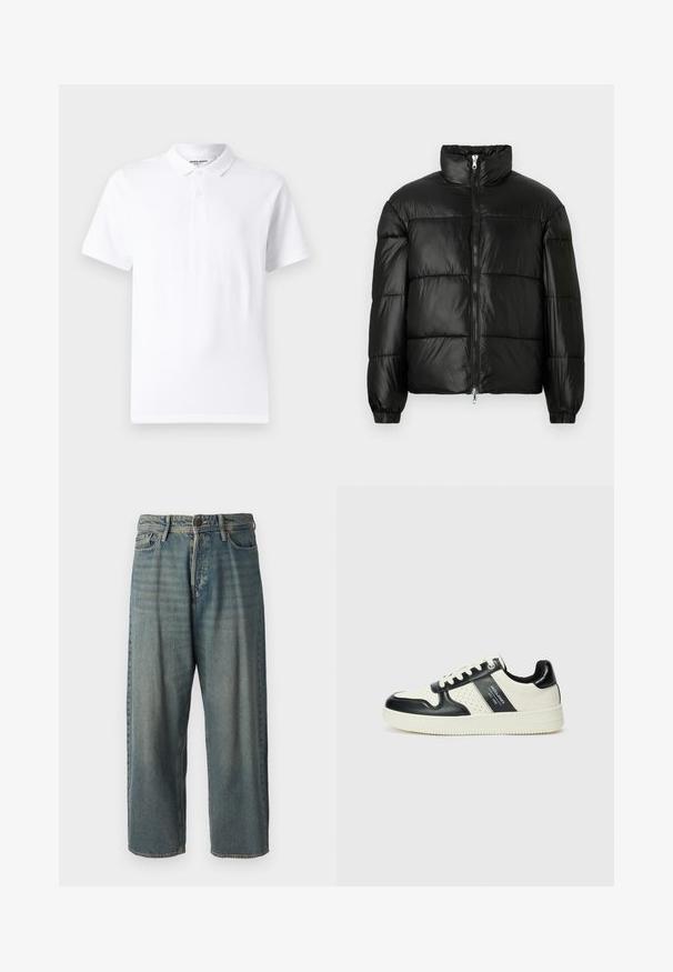 Svart pufferjakke med høy krage, glidelås foran, quiltet design, elastiske mansjetter og blank, glatt stofffinish.; Hvit polo skjorte med klassisk krage, to-knapps placket, korte ermer og en liten logo på brystet. Laget av glatt stoff.; Lyseblå denimjeans med løs passform, midjehøyde og rette ben. Har fem lommer, beltehemper og knappelukking.; Lædersneakers med sort og creme farveskema, der har perforerede detaljer, en polstret krave og en struktureret ydersål.