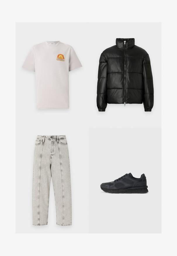 Černá péřová bunda s vysokým límcem, zapínáním na zip, prošívaným designem, elastickými manžetami a lesklým, hladkým povrchem.; Světle šedé bavlněné tričko s kulatým výstřihem, na hrudi s barevným grafickým motivem "Lone Château Replay" v oranžové a modré barvě.; Šedé kalhoty s vysokým pasem a volným střihem, s rovným střihem nohavic, viditelným šitím a opranou texturou.; Replay ARTHUR ATOM - Tenisky - black