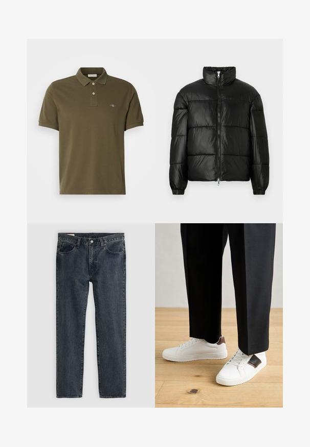 Must mustaga jakker, millel on kõrge krae, luku esikinnitus, tikanditud disain, elastsed mansetid ja läikiv, sile kangast viimistlus.; Oliivroheline polo särk, mis on valmistatud puuvillast, klassikalise kraega, kahe nööbiga ja väikese brodeeritud logoga rindkere piirkonnas.; Tumedat sinised teksapüksid sirge jalaga disainiga, viie taskuga ja nupuga sulgemine. Kanga peal on peenheledus ja tekstuur.; Valged sneakersid siledat tekstuurist, millel on pruunad nahast detailid ja mustad aksessuaarid, millele on sobitatud mustad kohandatud püksid. Puitpõranda taust.
