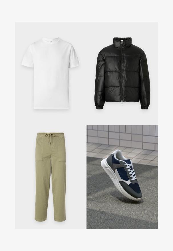 Casaco puffer preto com gola alta, fecho frontal em zíper, design acolchoado, punhos elásticos e acabamento de tecido brilhante e suave.; T-shirt branco de mangas curtas feito de algodão macio. Apresenta um decote redondo e uma bainha reta com detalhes mínimos.; Calças verde-oliva claras feitas de um tecido de algodão misto, com um cós elástico com cordão e dois bolsos laterais grandes.; Sapatilha com parte superior em malha azul-marinho, detalhes em camurça cinza, sola de borracha branca e atacadores brancos planos, projetada para conforto e respirabilidade.