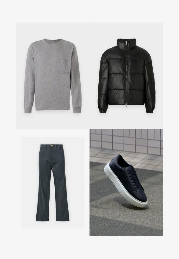 Schwarze Daunenjacke mit hohem Kragen, Reißverschluss vorne, gestepptem Design, elastischen Bündchen und glänzendem, glattem Stofffinish.; Graues Langarm-T-Shirt mit Rundhalsausschnitt, ausgestattet mit einer Brusttasche und gerippten Bündchen. Hergestellt aus weichem, leichtem Baumwollmaterial.; Schwarze Hose mit geradem Bein, aus einem Baumwollmix. Verfügt über einen Metallknopfverschluss und seitliche Taschen. Keine sichtbaren Muster.; Schwarze Leder-Sneaker mit runder Zehenpartie und weißer Gummisohle. Verfügt über flache Schnürsenkel und minimale Nähte im Obermaterial. Strukturiertes Sohlenprofil für besseren Halt.