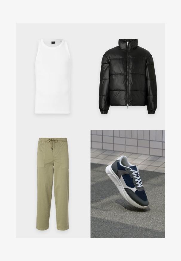 Schwarze Daunenjacke mit hohem Kragen, Reißverschluss vorne, gestepptem Design, elastischen Bündchen und glänzendem, glattem Stofffinish.; Weißes Baumwolltanktop mit rundem Halsausschnitt, weiten Armausschnitten und schlanker Passform. Mit einem Label im Nacken innen. Glatte Textur.; Helle olivgrüne Hose aus Baumwollmischgewebe, mit einem elastischen Bund und Kordelzug sowie zwei großen Seitentaschen.; Sneaker mit einem Obermaterial aus navyblauem Mesh, grauen Wildlederelementen, einer weißen Gummisohle und flachen weißen Schnürsenkeln, entworfen für Komfort und Atmungsaktivität.