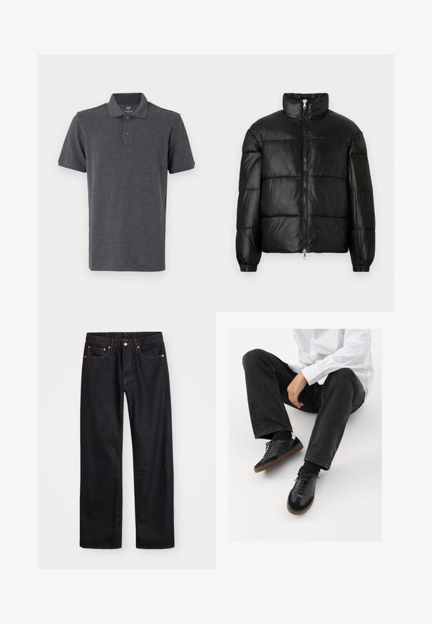 Giacca a vento nera con colletto alto, chiusura frontale con zip, design trapuntato, polsini elasticizzati e finitura in tessuto lucido e liscio.; GAP Polo - light grey; Jeans neri in denim dritto da uomo con cinque tasche e cuciture arancioni, chiusura con bottone e zip sulla vita anteriore.; Sneaker nere con una tomaia liscia e testurizzata, con suola in gomma e lacci scuri. Abbinati a jeans neri e una camicia bianca a righe.
