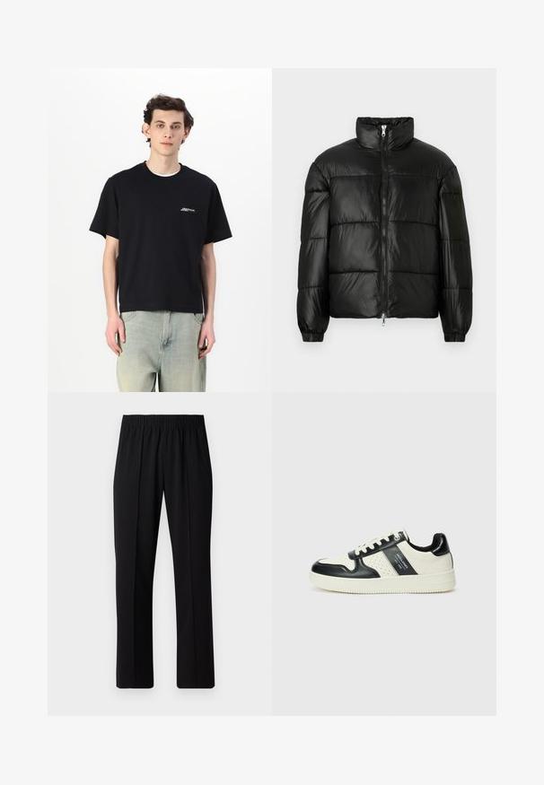 Black puffer jacket with a high collar, zip front closure, quilted design, elastic cuffs, and shiny, smooth fabric finish.; Black cotton short-sleeve t-shirt with a crew neckline and white logo detail on the chest, paired with light blue jeans.; Black, elastic-waist trousers with a straight-leg design, featuring a smooth texture and no visible patterns or hardware.; Leather sneakers with a black and cream color scheme, featuring perforated accents, a padded collar, and a textured outsole.