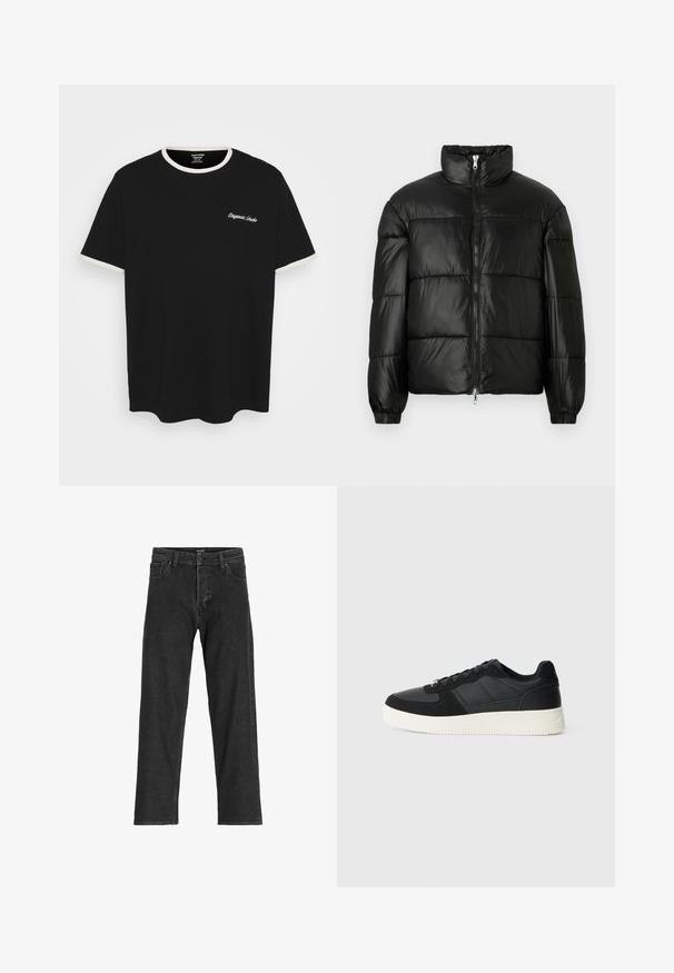 Crna puffer jakna s visokim ovratnikom, zatvaranjem na zip, quilted dizajnom, elastičnim manžetama i sjajnim, glatkim materijalom.; Crna pamučna majica s kremaste rebraste ovratnikom i manžetama. Majica uključuje bijeli vezeni tekst na prsima.; Crne traperice s ravnim krojem, s patentnim zatvaračem, petljama za pojas i šest džepova, izrađene od čvrste mješavine pamuka.; Crni niski tenisice s teksturiranom kožom i antilop panelima, bijelim gumene potplate i crnim vezicama na jednostavnoj svijetloj pozadini.