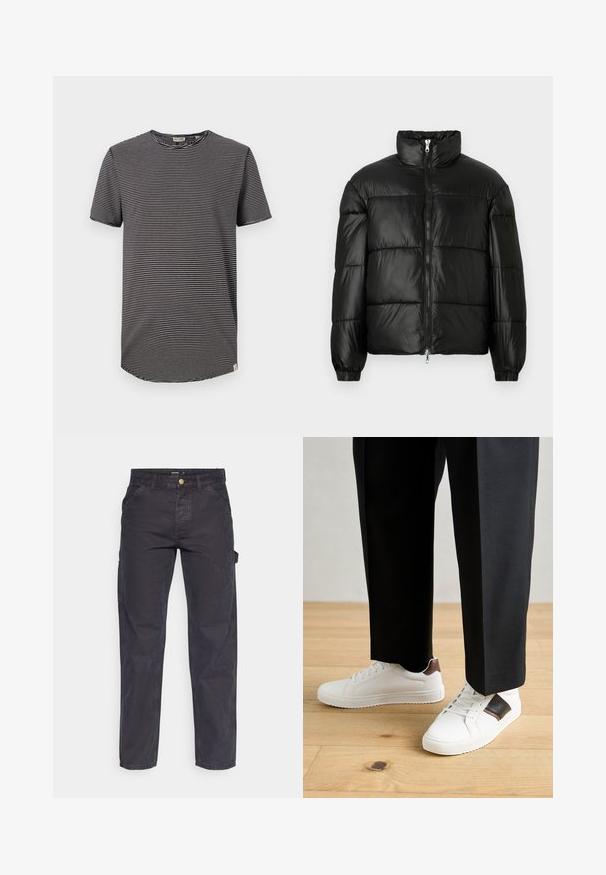 Črna pufasta jakna z visokim ovratnikom, z zadrgo spredaj, prešito zasnovo, elastičnimi manšetami in sijočim, gladkim zaključkom tkanine.; Črna in bela črtasta majica s kratkimi rokavi, okrogel izrez in zaobljen rob. Mehak material z sproščenim krojem. Oznaka vidna znotraj.; Temno sivi cargo hlače iz trpežnega materiala, z ravnim krojem nogavic, petimi žepi in gumbom za zapiranje v pasu.; Beli športni copati z gladko teksturo, okrašeni z rjavimi usnjenimi detajli in črnimi poudarki, v kombinaciji s črnimi krojenimi hlačami. Ozadje iz lesenih tal.