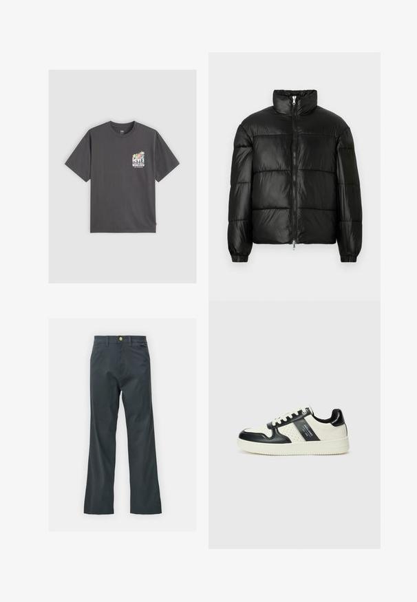 Μαύρο μπουφάν με φουσκωτό σχέδιο, ψηλό γιακά, κλείσιμο με φερμουάρ μπροστά, ραφές τύπου καπιτονέ, ελαστικές μανσέτες και γυαλιστερή, λεία υφή.; Σκούρο γκρι οργανικό βαμβακερό T-shirt, κοντά μανίκια, κωδικός λαιμού, με πολύχρωμο λουλουδάτο γραφικό και κείμενο "Levi's Organic" στο στήθος.; Μαύρο παντελόνι με ίσια γραμμή, κατασκευασμένο από ύφασμα από μείγμα βαμβακιού. Διαθέτει μεταλλικό κούμπωμα και πλαϊνές τσέπες. Χωρίς εμφανή σχέδια.; Δερμάτινα sneakers με μαύρο και κρεμ χρωματικό σχέδιο, με διάτρητες λεπτομέρειες, επενδεδυμένο κολάρο και υφή στη σόλα.