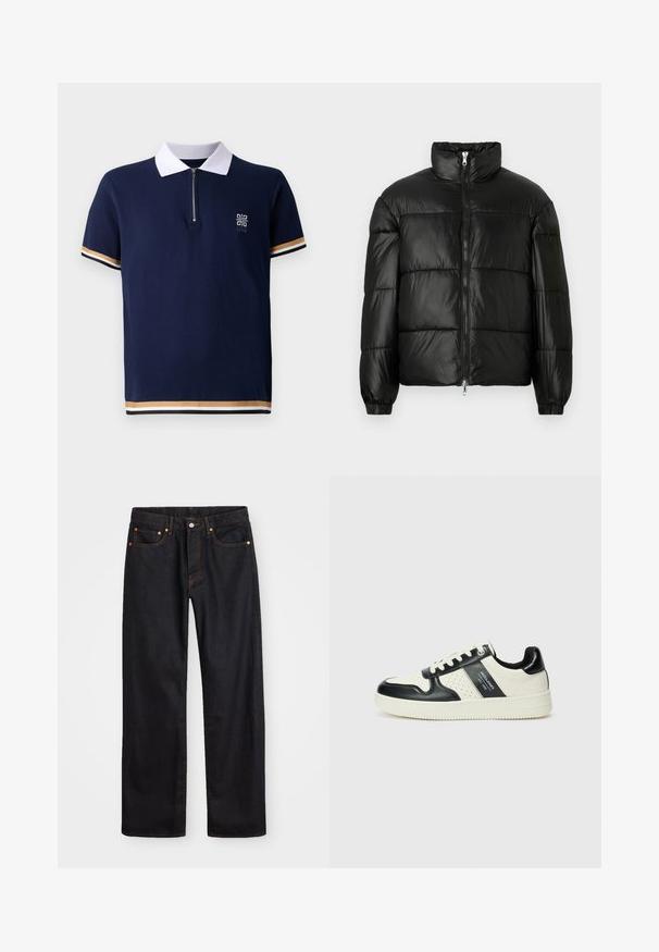 Chaqueta de pluma negra con un cuello alto, cierre frontal con cremallera, diseño acolchado, puños elásticos y acabado de tela brillante y suave.; Polo navy con cuello blanco, diseño de media cremallera y tejido texturizado. Presenta acentos a rayas en dorado y blanco en las mangas.; Jeans de mezclilla negros de pierna recta para hombre, con cinco bolsillos y costuras en color naranja, cierre de botón y cremallera en la parte delantera de la cintura.; Zapatillas de cuero con un esquema de colores negro y crema, que cuentan con acentos perforados, un collar acolchado y una suela texturizada.