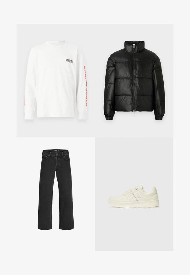Μαύρο μπουφάν με φουσκωτό σχέδιο, ψηλό γιακά, κλείσιμο με φερμουάρ μπροστά, ραφές τύπου καπιτονέ, ελαστικές μανσέτες και γυαλιστερή, λεία υφή.; Λευκό μπλουζάκι μακρυμάνικο από βαμβάκι, με μαύρο κείμενο στο στήθος και κόκκινο κείμενο κατά μήκος των μανικιών. Χαλαρή εφαρμογή με ραμμένα μανίκια.; Μαύρα τζιν παντελόνια με φαρδιά πόδια, κατασκευασμένα από τζιν ύφασμα. Διαθέτουν κλασικό σχέδιο πέντε τσεπών, ανθεκτική ραφή και κλείσιμο με κουμπί στη μέση.; Αθλητικό παπούτσι σε κρέμα χρώμα με διάτρητη λεπτομέρεια, κορδόνια και λογότυπο στο πλάι, τοποθετημένο σε λευκό φόντο.