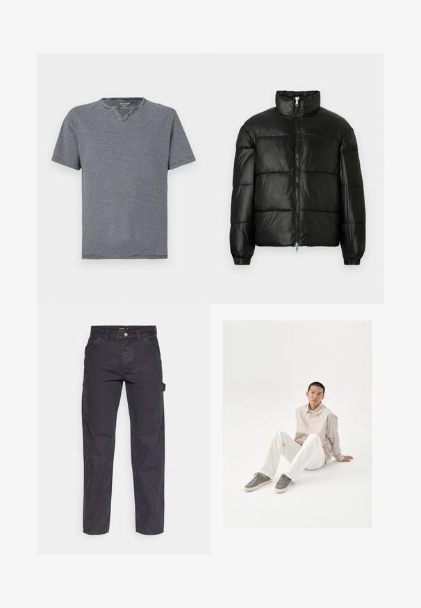 Chaqueta de pluma negra con un cuello alto, cierre frontal con cremallera, diseño acolchado, puños elásticos y acabado de tela brillante y suave.; Camiseta de manga corta a rayas en azul marino y blanco, con escote redondeado y dos botones, hecha de suave tela de algodón.; Pantalones cargo de color gris oscuro, confeccionados con un tejido duradero, que presentan un corte recto, cinco bolsillos y un cierre de botón en la cintura.; Camisa de botón beige, pantalones blancos y zapatillas grises. La camisa tiene un corte holgado y las zapatillas presentan una superficie texturizada y un diseño con cordones.