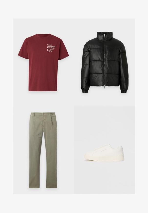 Zwarte pufferjack met een hoge kraag, ritsvoorzijde, gestikt ontwerp, elastische manchetten en een glanzende, gladde stofafwerking.; Bordeaux katoenen t-shirt met ronde hals, korte mouwen en witte tekst: "I shall be released New York, NY - July Replay" op de borst.; Khaki broeken van katoen, met een rechte voorkant, elastische tailleband en rechte pijpen. Glad textuur zonder zichtbare patronen of accenten.; Witte instap sneakers met een gestructureerd oppervlak, een dikke zool en een minimalistisch ontwerp. Bevat het merklogo aan de zijkant.